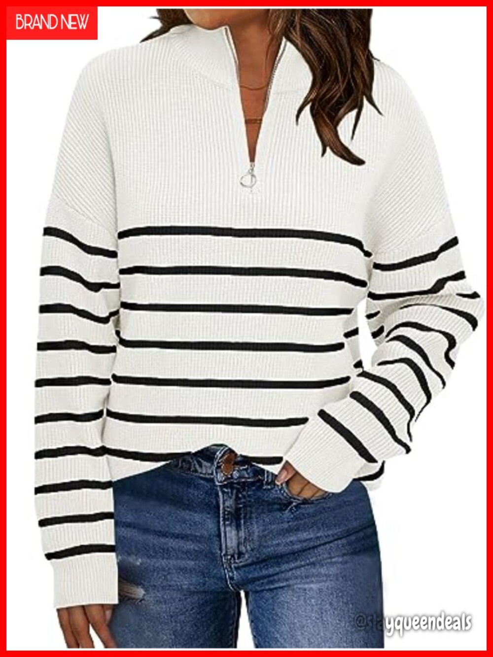 Women's Quarter Zip Striped Oversized Fall Sweater Pullover